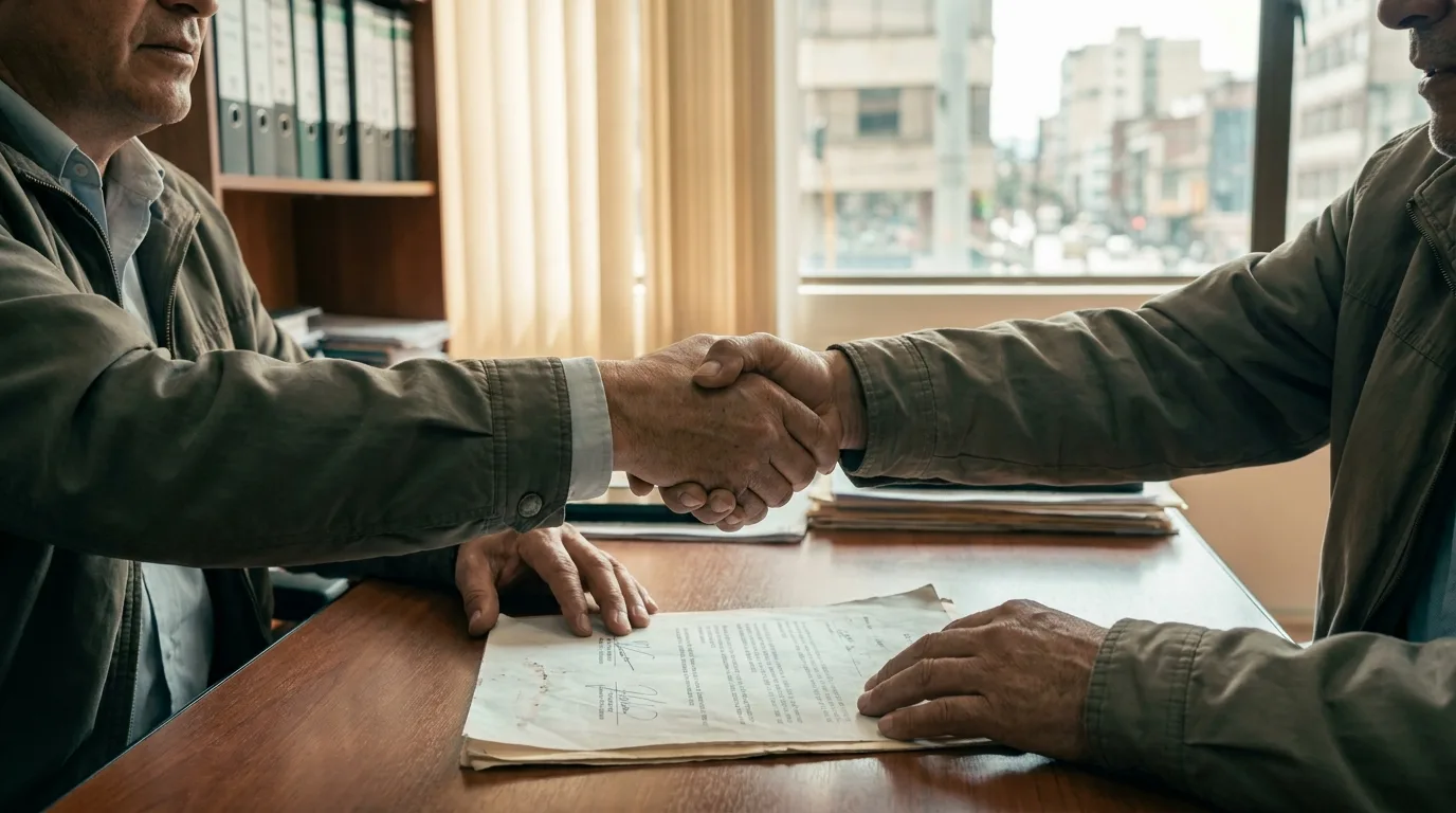 Dos personas cerrando un acuerdo sobre un documento firmado